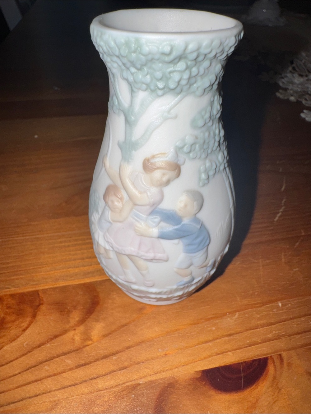 Lladro White Bisque Vase with Pastel Blue, Pink and Green Relief